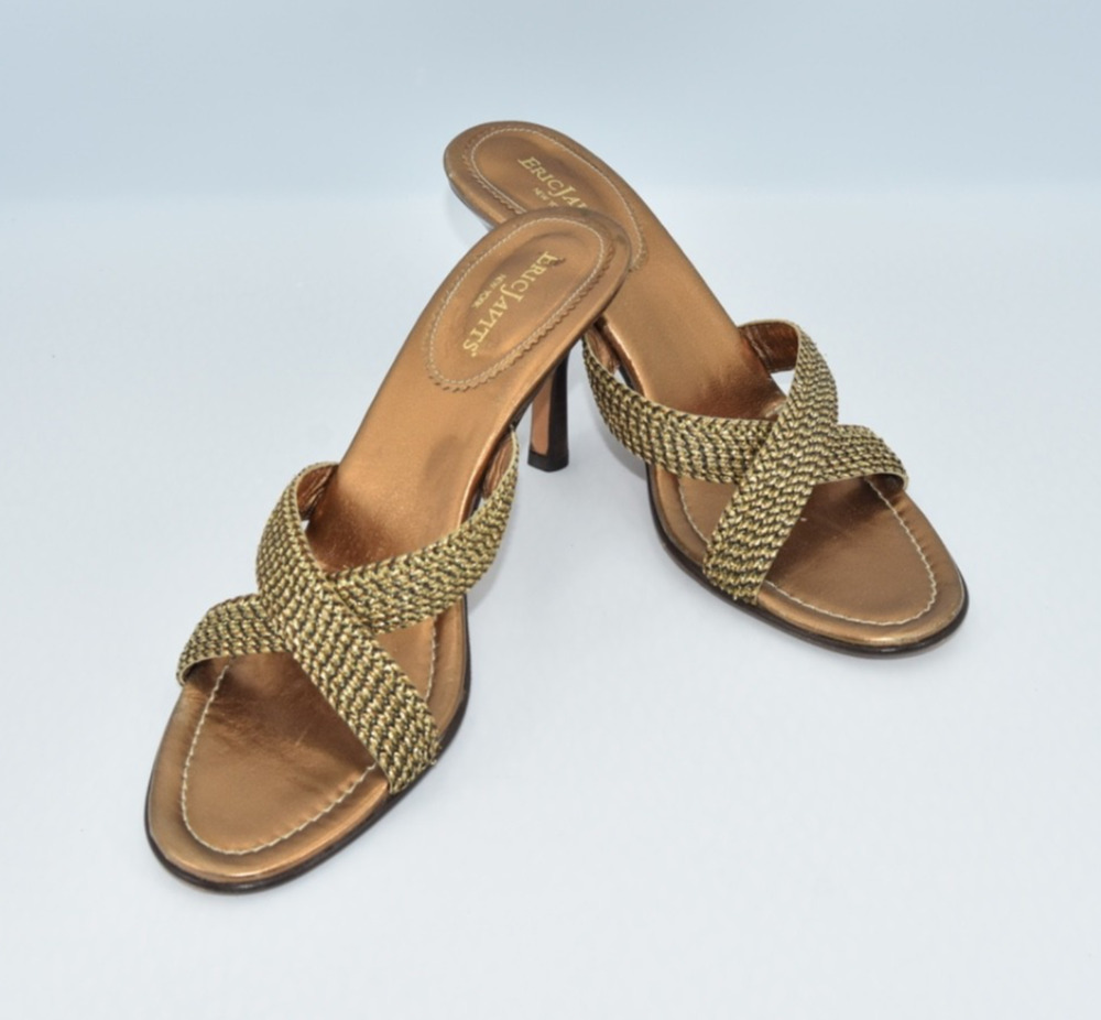 ERIC JAVITS New York Gold Heel Slide Strappy Sandals Size 8N